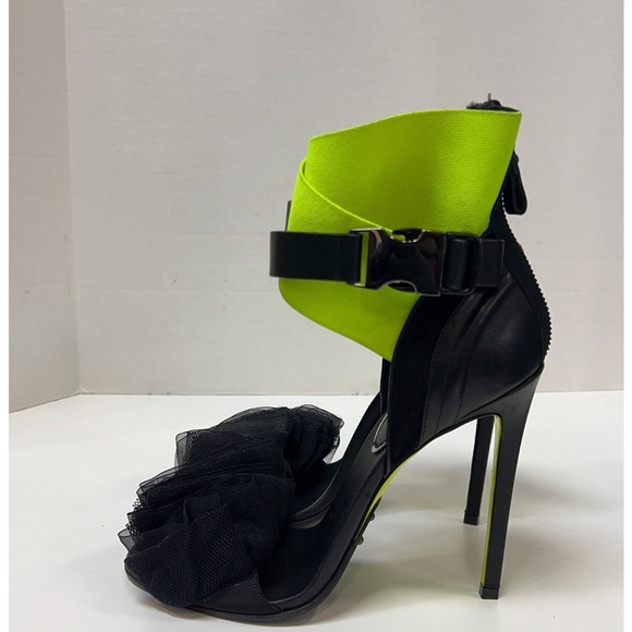 Balmain Runway Heels Size 38 Neon Strap Black Tulle Ruffle Sandals - Picture 7 of 14